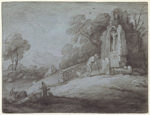 Cimetière avec figure contemplant une pierre tombale